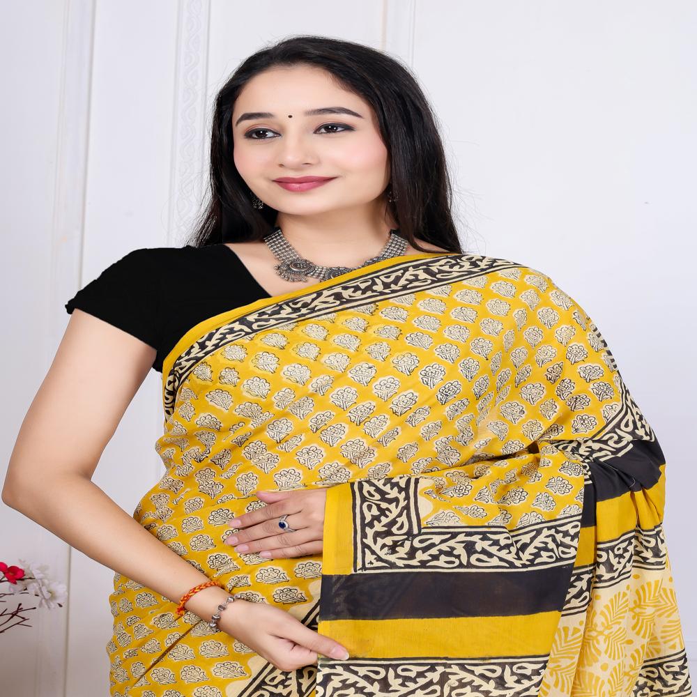 Handloom Handblock Printed Cotton Mulmul Saree - Color: Blue