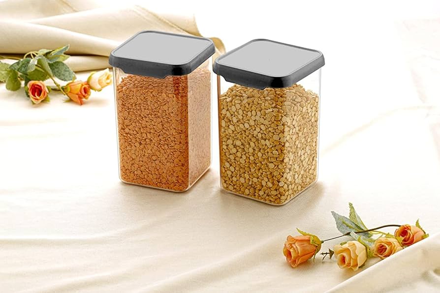 Airtight Container 1100ml 2 Pcs Set - Plastic, Square Shape, Glossy Finish, Black Color | 1100ml Capacity, Durable Design For Efficient Storage