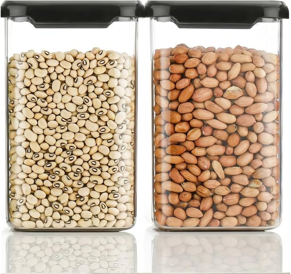Airtight Container 1100ml 2 Pcs Set - Plastic, Square Shape, Glossy Finish, Black Color | 1100ml Capacity, Durable Design For Efficient Storage