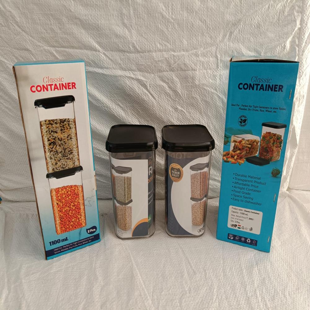 Airtight Container 1100ml 2 Pcs Set - Plastic, Square Shape, Glossy Finish, Black Color | 1100ml Capacity, Durable Design For Efficient Storage