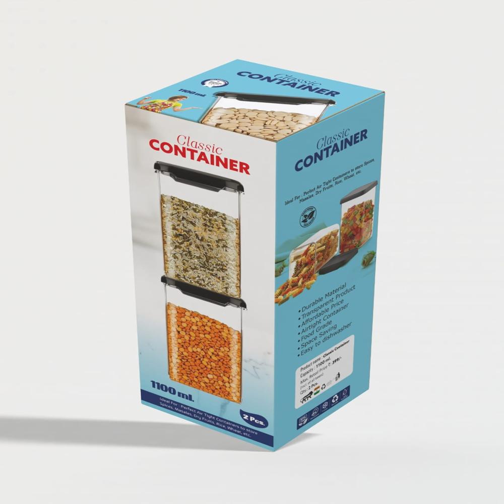 Airtight Container 1100ml 2 Pcs Set - Plastic, Square Shape, Glossy Finish, Black Color | 1100ml Capacity, Durable Design For Efficient Storage