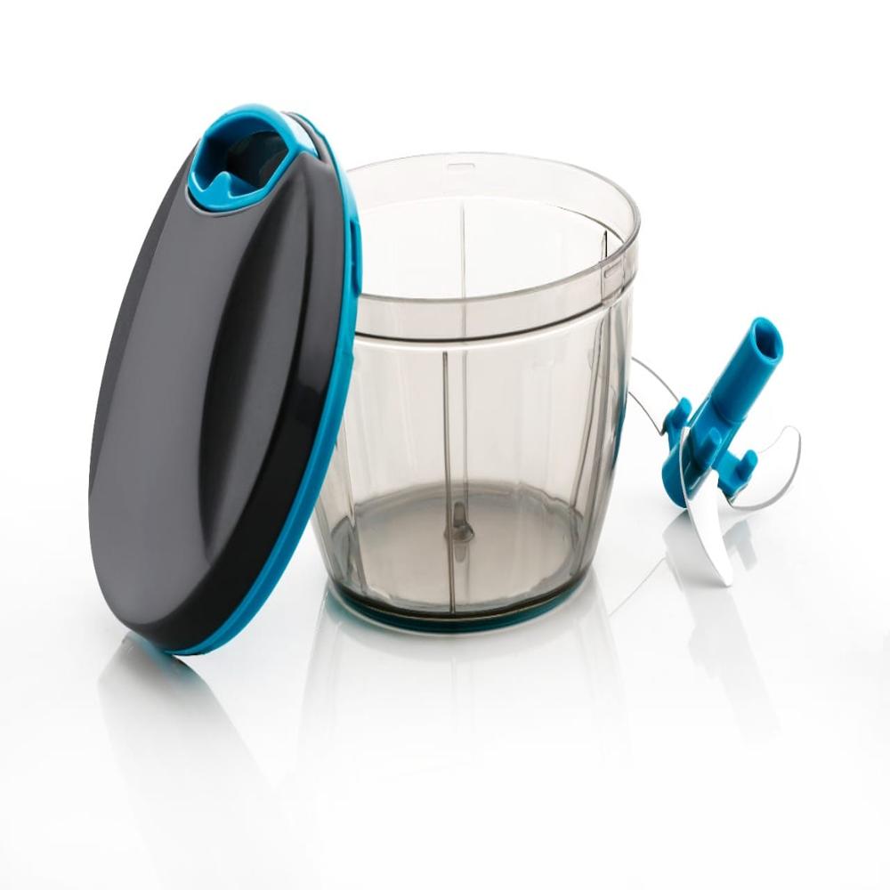 Vegetable Hand Chopper 650ml - Stainless Steel Blades, Round Shape, 650ml Capacity | 3 Cutting Blades, Black/blue/yellow, Plastic Handle