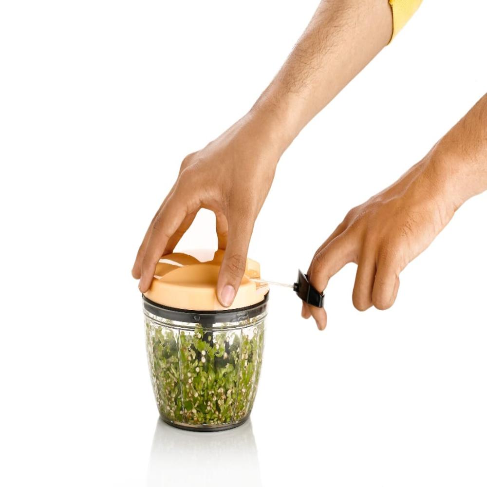 Vegetable Hand Chopper 650ml - Stainless Steel Blades, Round Shape, 650ml Capacity | 3 Cutting Blades, Black/blue/yellow, Plastic Handle