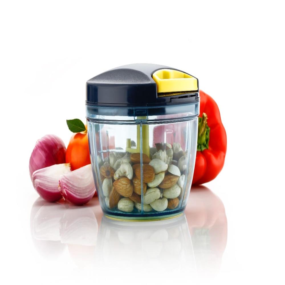 Vegetable Hand Chopper 650ml - Stainless Steel Blades, Round Shape, 650ml Capacity | 3 Cutting Blades, Black/blue/yellow, Plastic Handle