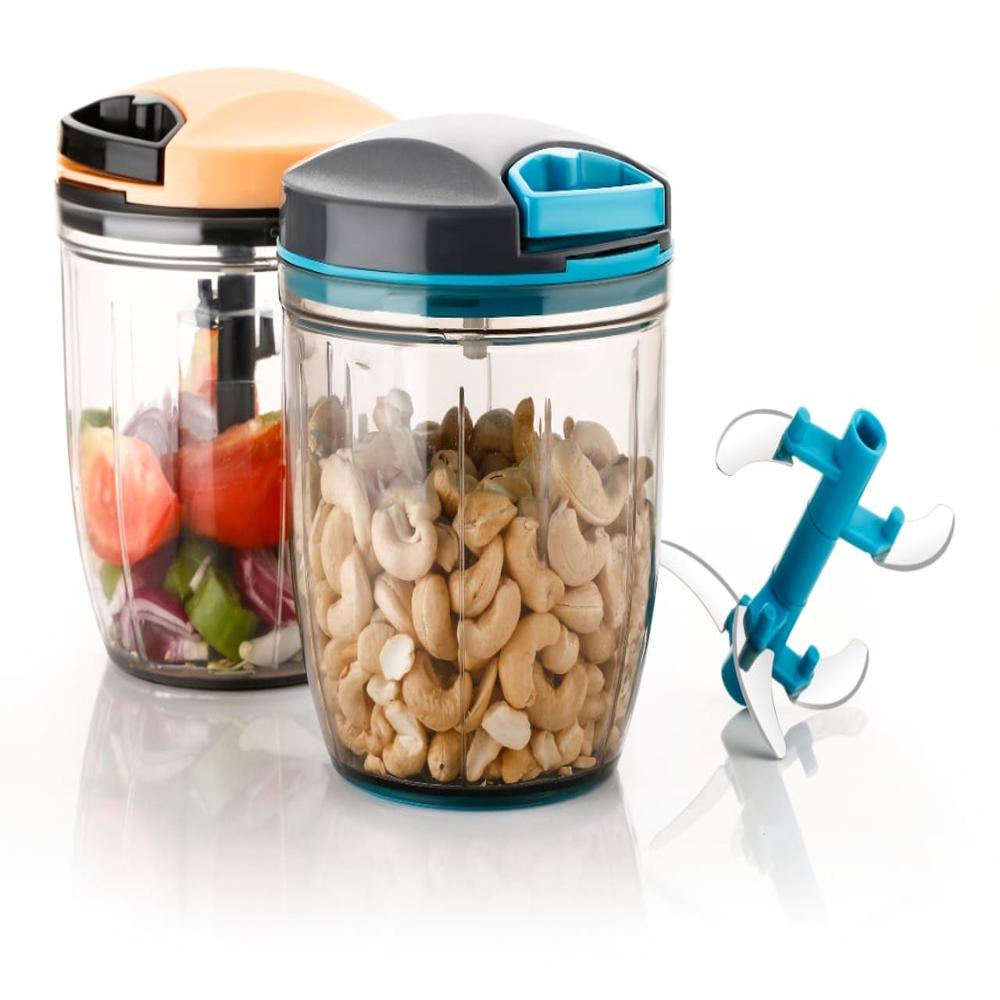 Vegetable Hand Chopper 950 Ml - Stainless Steel Blades, 5 Cutting Blades, Round Shape, Black & Ivory, Multicolor Printed Box, 950 Ml Capacity