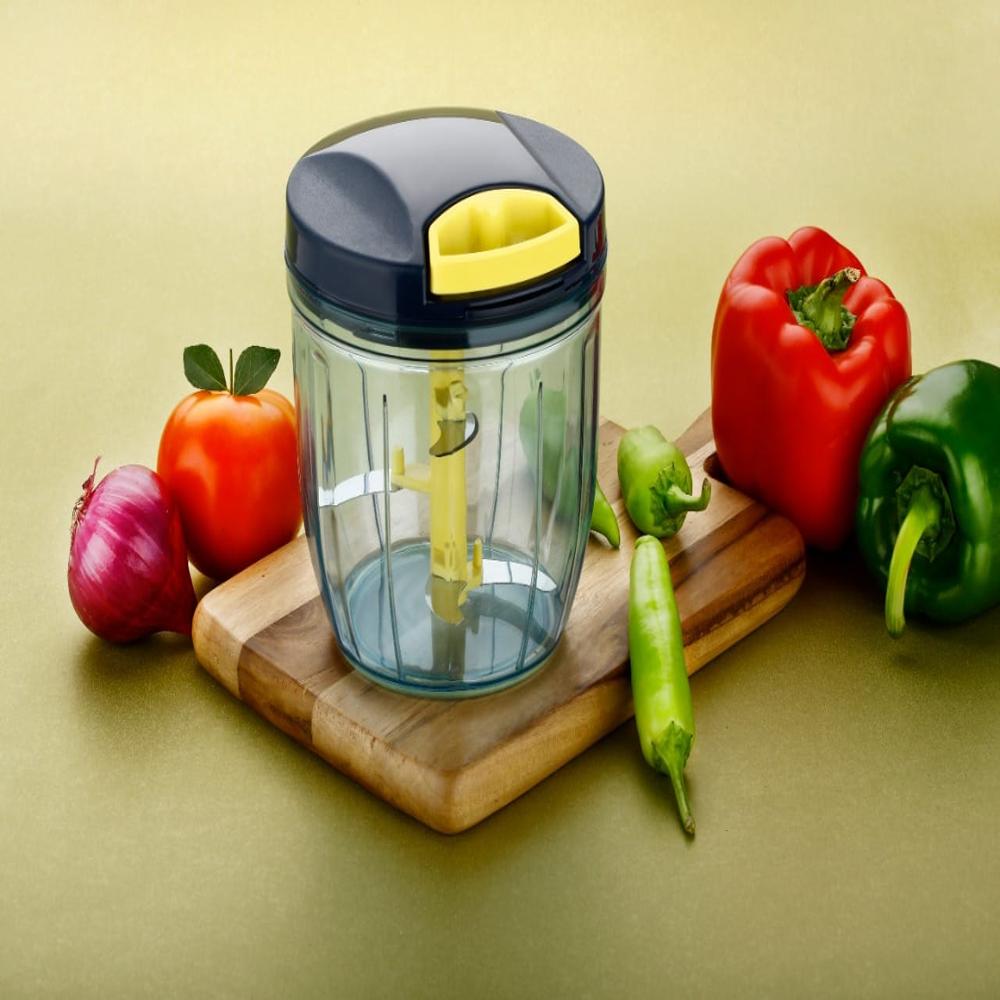 Vegetable Hand Chopper 950 Ml - Stainless Steel Blades, 5 Cutting Blades, Round Shape, Black & Ivory, Multicolor Printed Box, 950 Ml Capacity