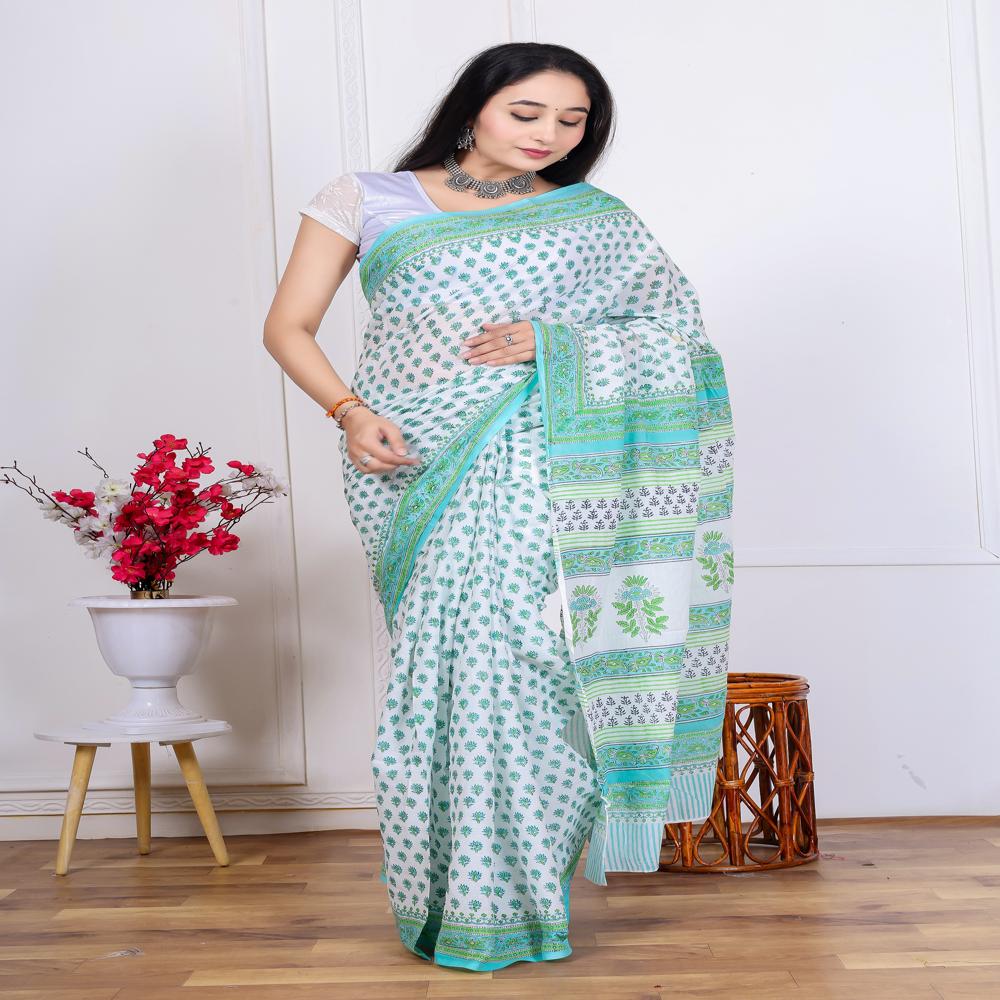 Block Printed Mulmul Saree - Color: White