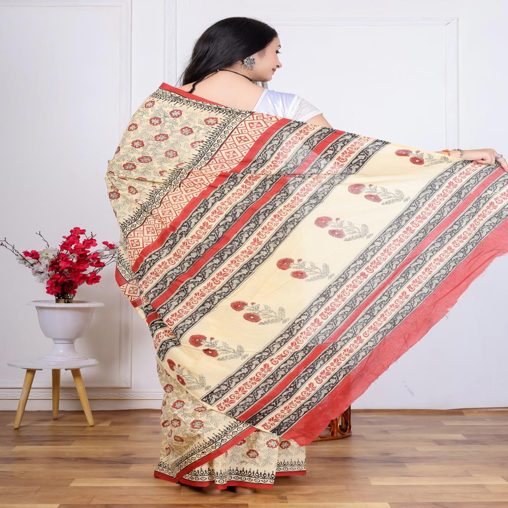 Yellow Hand Block Printed Cotton Saree - Color: Cream