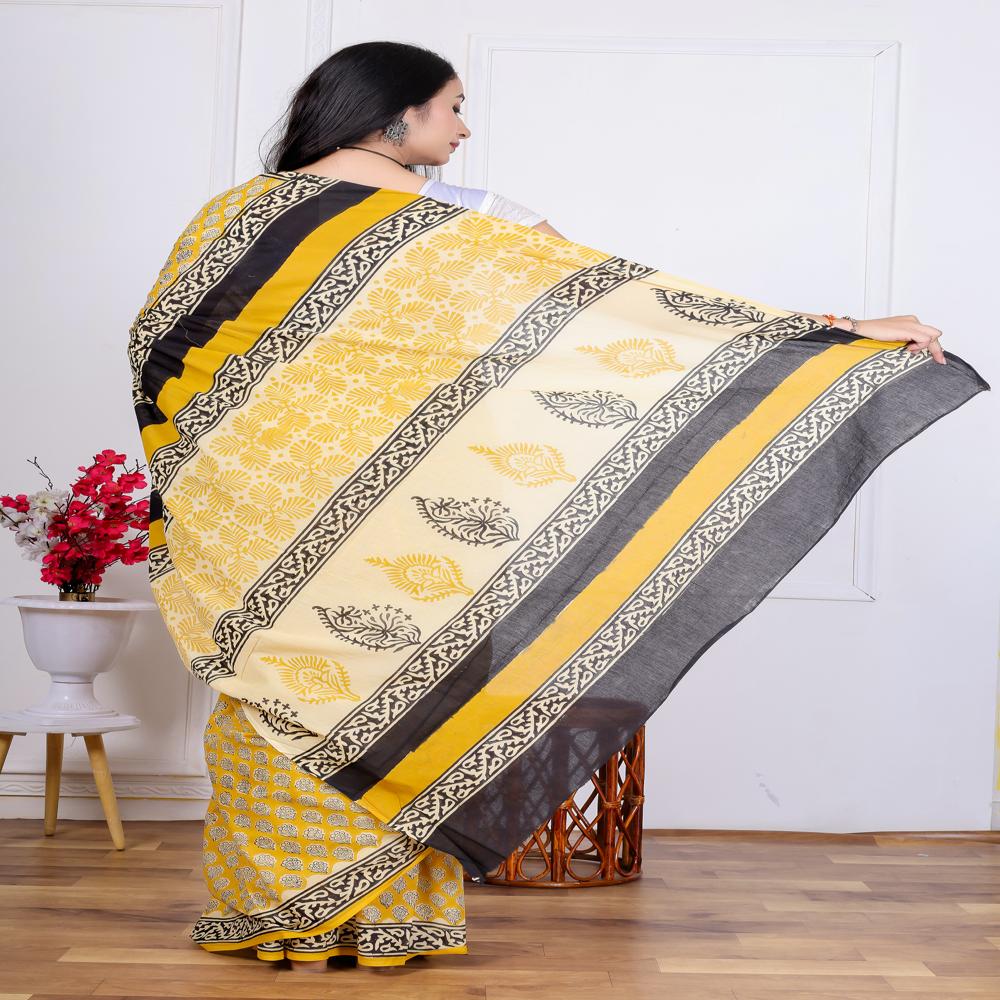 Hand Block Printed Cotton Mulmul Saree - Color: Black