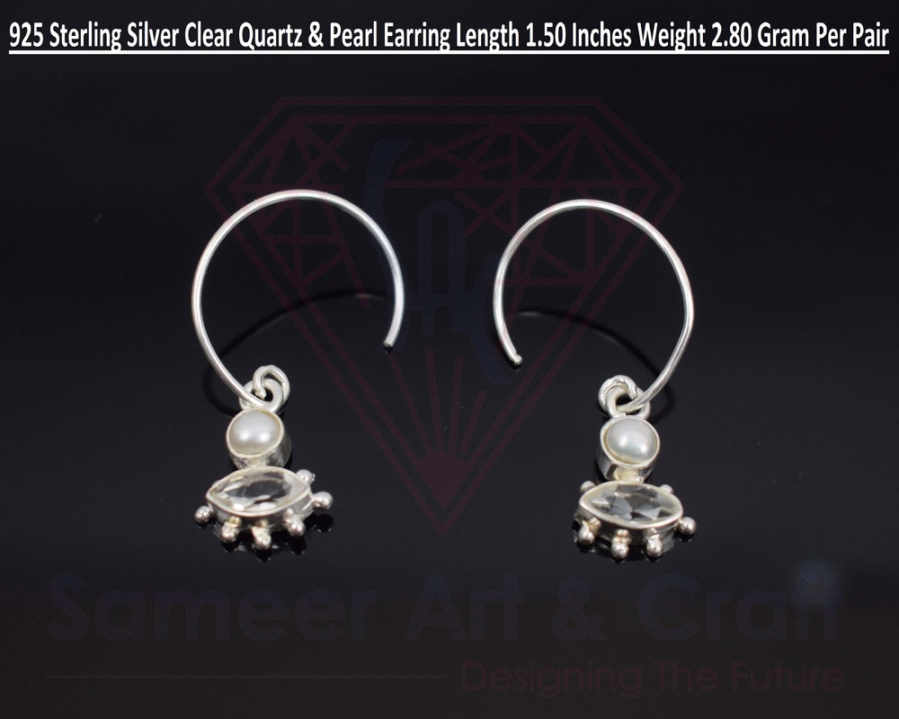 Attractive Design Clear Quartz & Pearl Earring 925 Sterling Silver