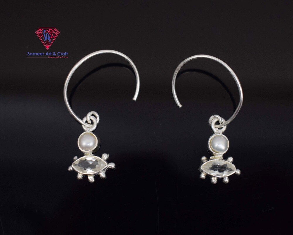 Attractive Design Clear Quartz & Pearl Earring 925 Sterling Silver