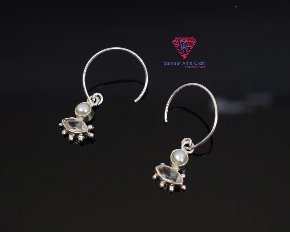 Attractive Design Clear Quartz & Pearl Earring 925 Sterling Silver
