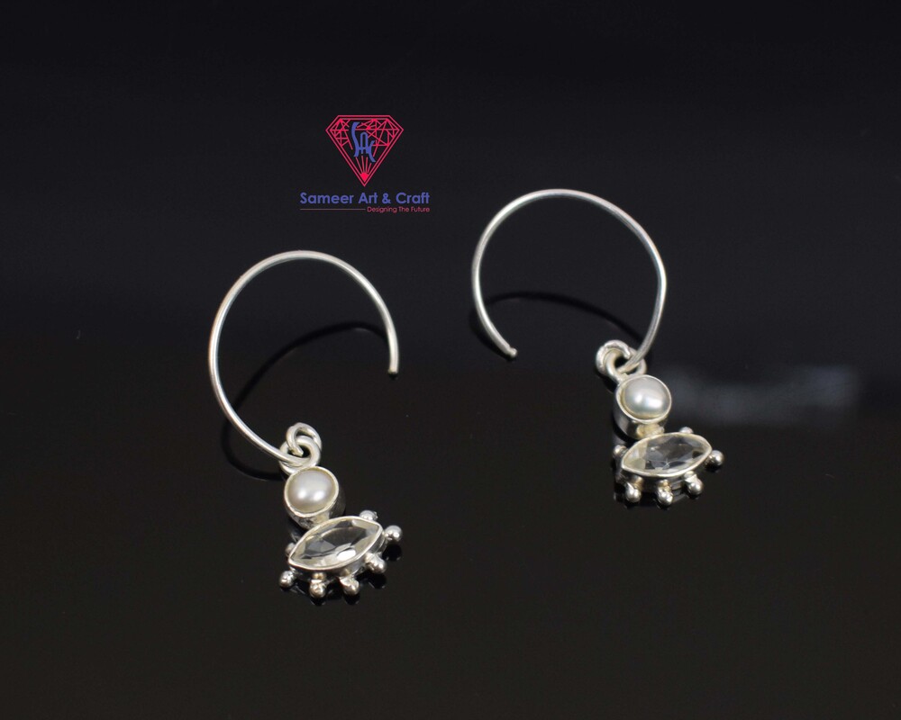 Attractive Design Clear Quartz & Pearl Earring 925 Sterling Silver