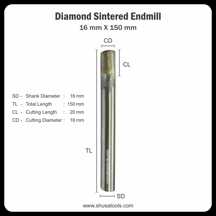 Diamond Sintered End Mill 16 mm x 150 mm