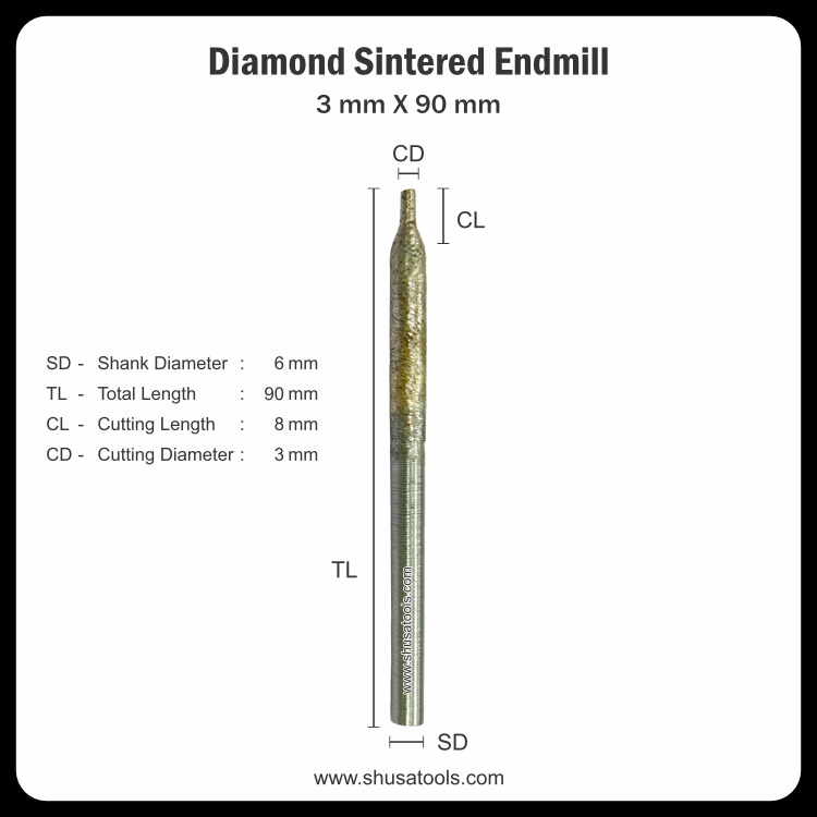 Diamond Sintered End Mill 3 mm x 90 mm