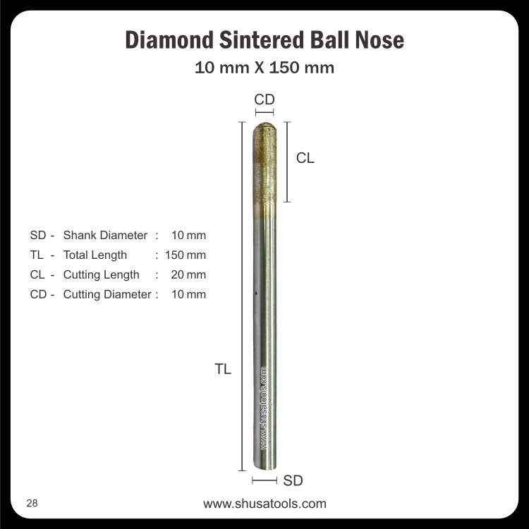 Diamond Sintered Ball Nose 10 Mm X 150 Mm - Color: Silver