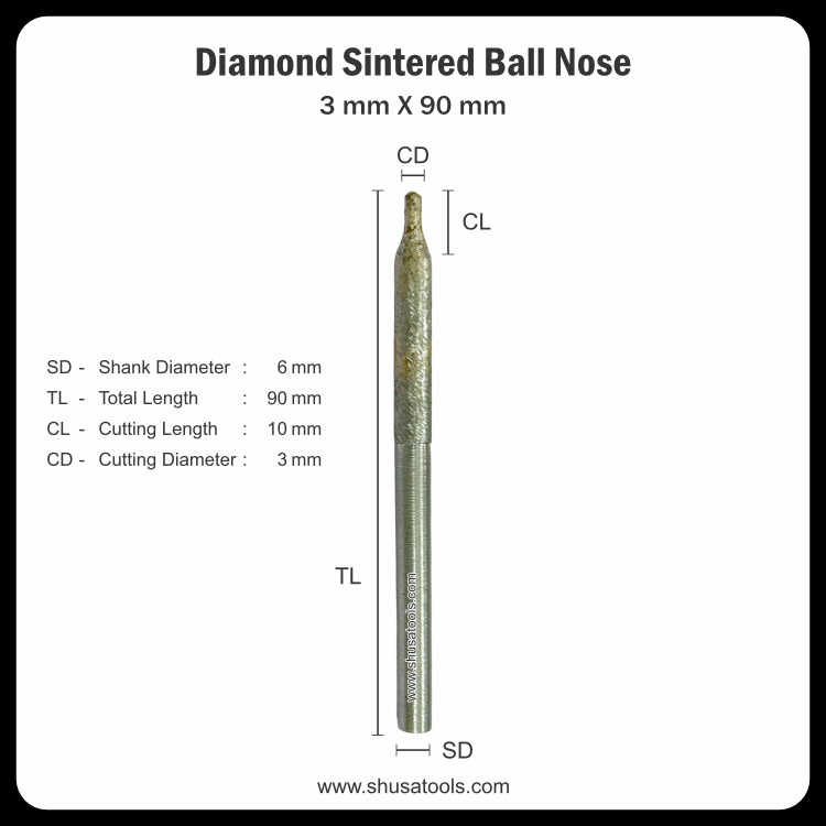 Diamond Sintered Ball Nose 3 Mm X 90 Mm - Color: Silver