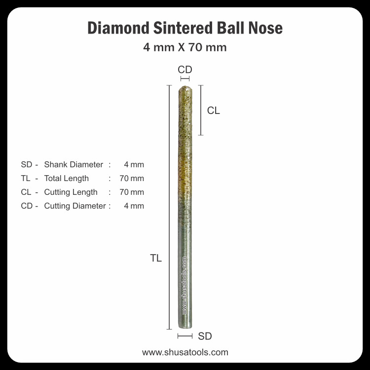 Diamond Sintered Ball Nose 4 mm x 70 mm