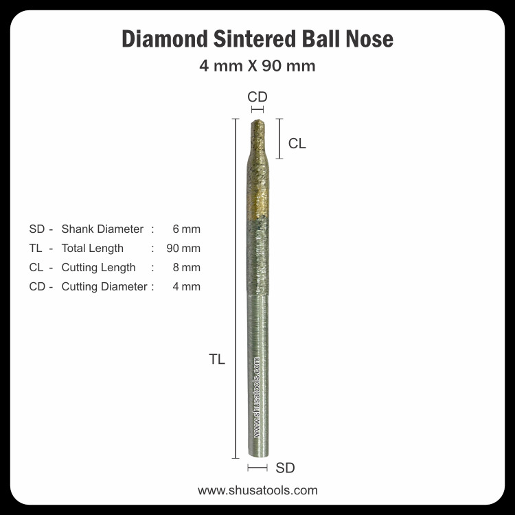 Diamond Sintered Ball Nose 4 Mm X 90 Mm - Color: Silver