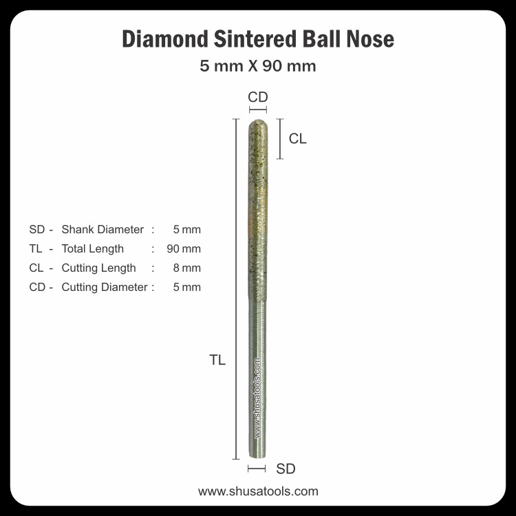 Diamond Sintered Ball Nose 5 Mm X 90 Mm - Color: Silver
