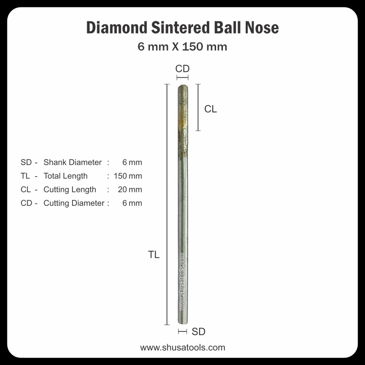 Diamond Sintered Ball Nose 6 Mm X 150 Mm - Color: Silver
