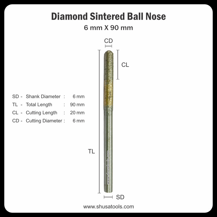 Diamond Sintered Ball Nose 6 mm x 90 mm