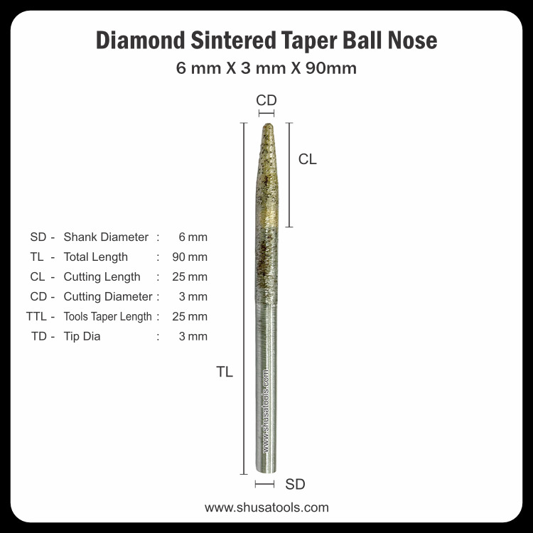 Diamond Sintered Taper Ball Nose 6mm x 3mm x 90mm