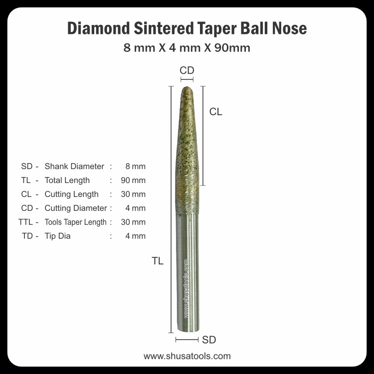 Diamond Sintered Taper Ball Nose 8mm x 4mm x 90mm