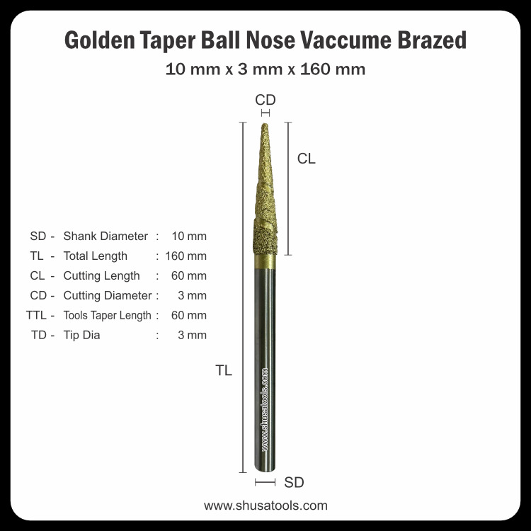 Golden Taper Ball Nose Vacuum Brazed 10mm x 3mm x 160mm
