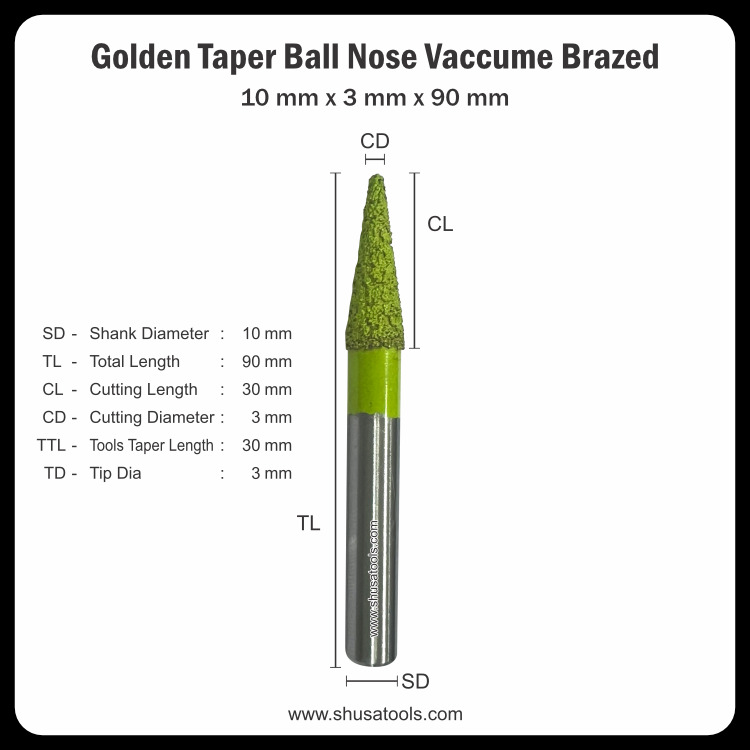 Golden Taper Ball Nose Vacuum Brazed 10Mm X 3Mm X 90Mm - Color: Silver