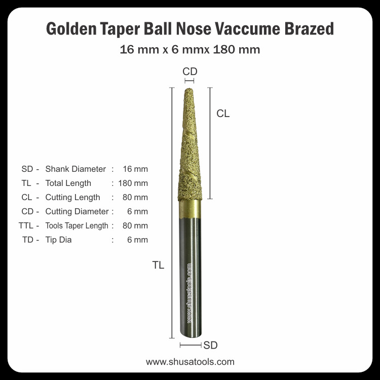 Golden Taper Ball Nose Vacuum Brazed 16Mm X 6Mm X 180Mm - Color: Silver