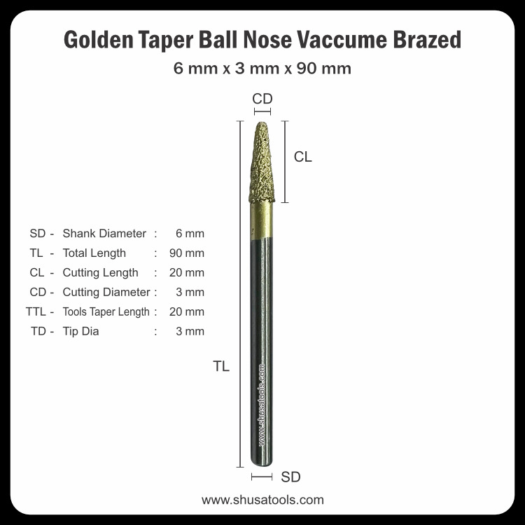 Golden Taper Ball Nose Vacuum Brazed 6mm x 3mm x 90mm