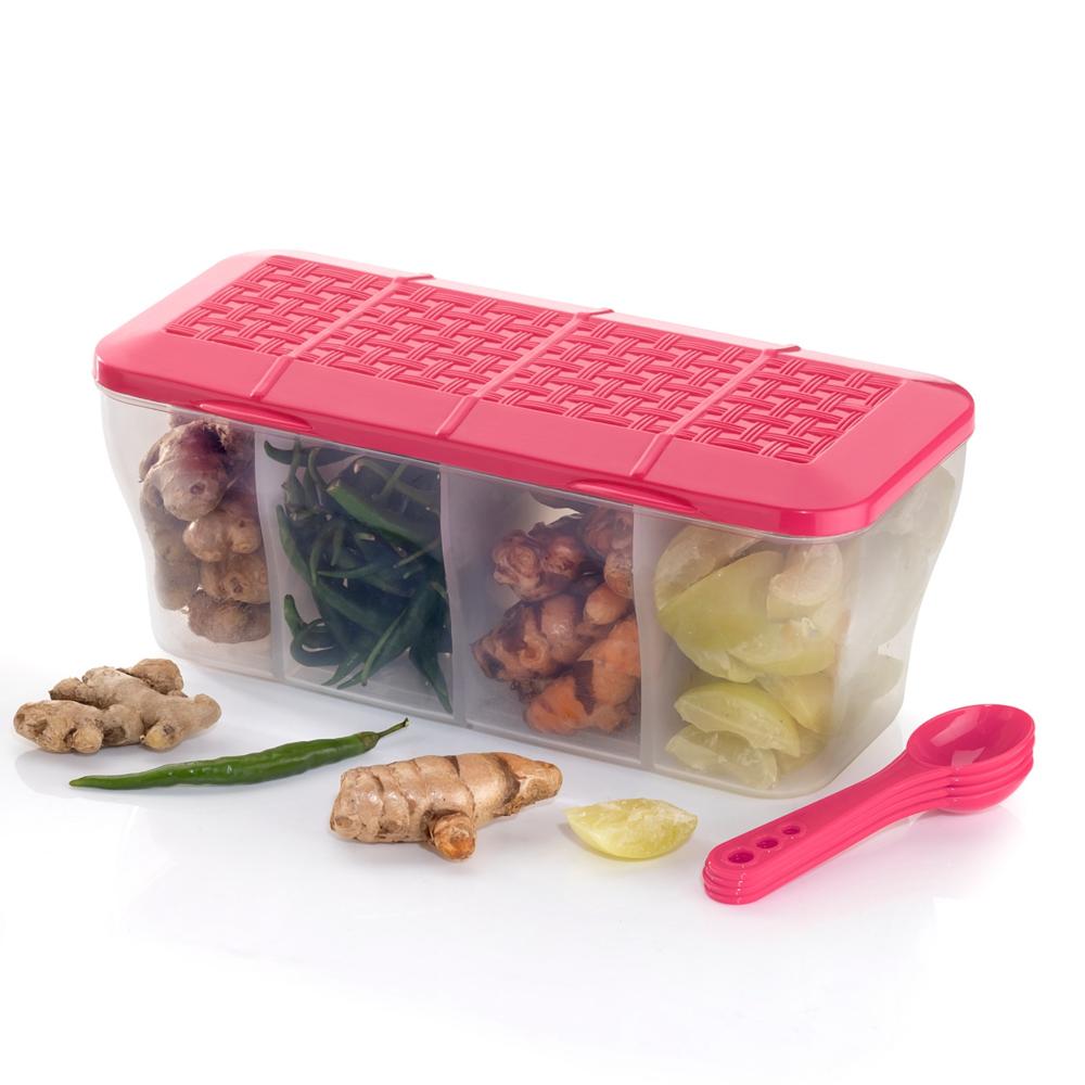Kitchen Plastic Multipurpose Storage Container Masala Box 4 Compartment with Spoons