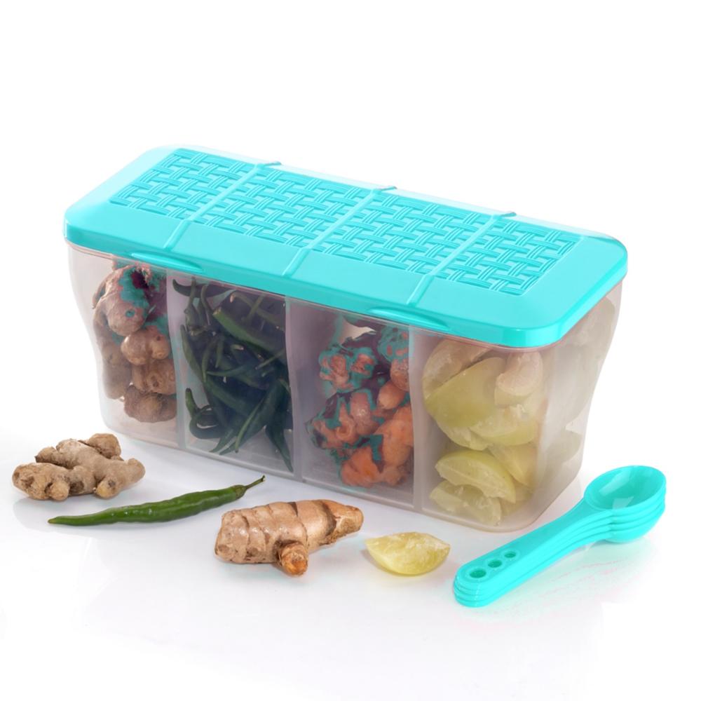 Kitchen Plastic Multipurpose Storage Container Masala Box 4 Compartment With Spoons