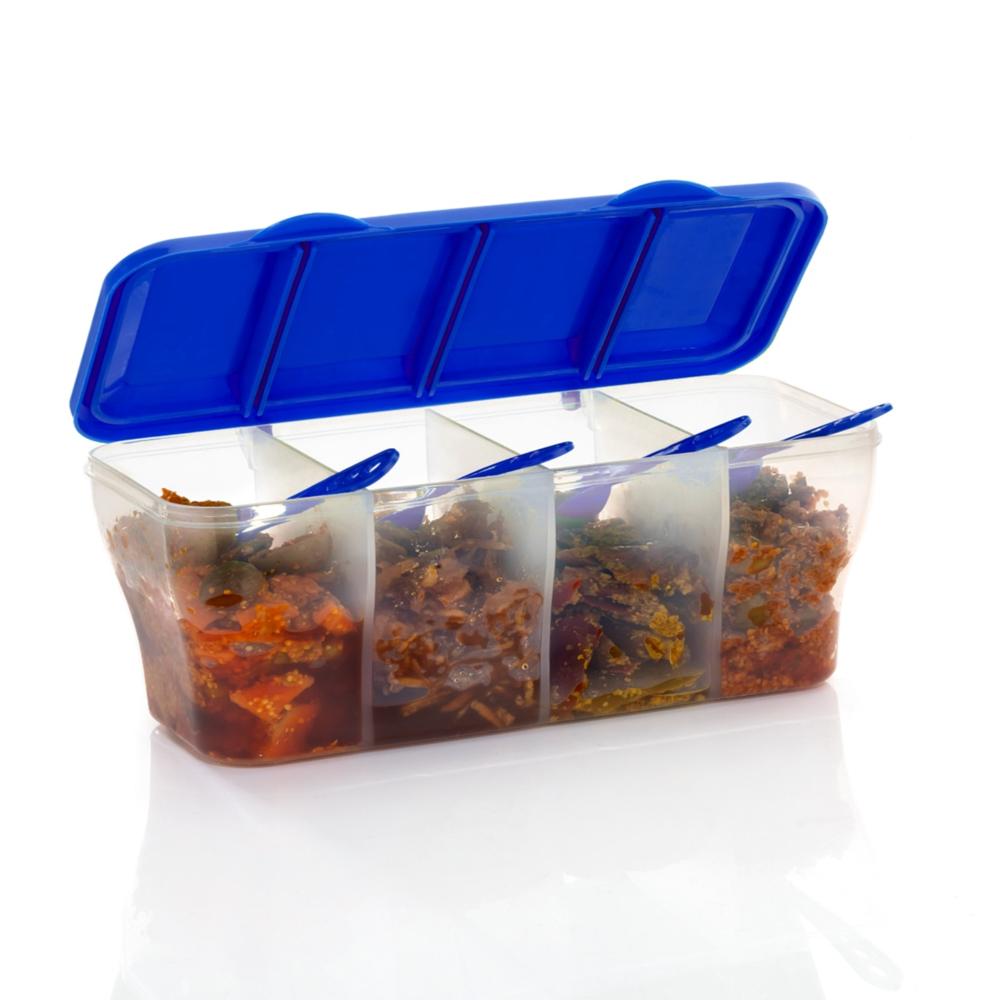 Kitchen Plastic Multipurpose Storage Container Masala Box 4 Compartment with Spoons