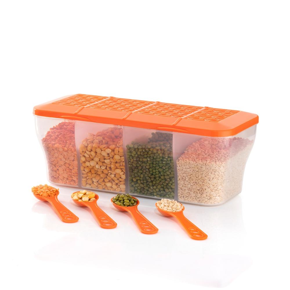 Kitchen Plastic Multipurpose Storage Container Masala Box 4 Compartment with Spoons