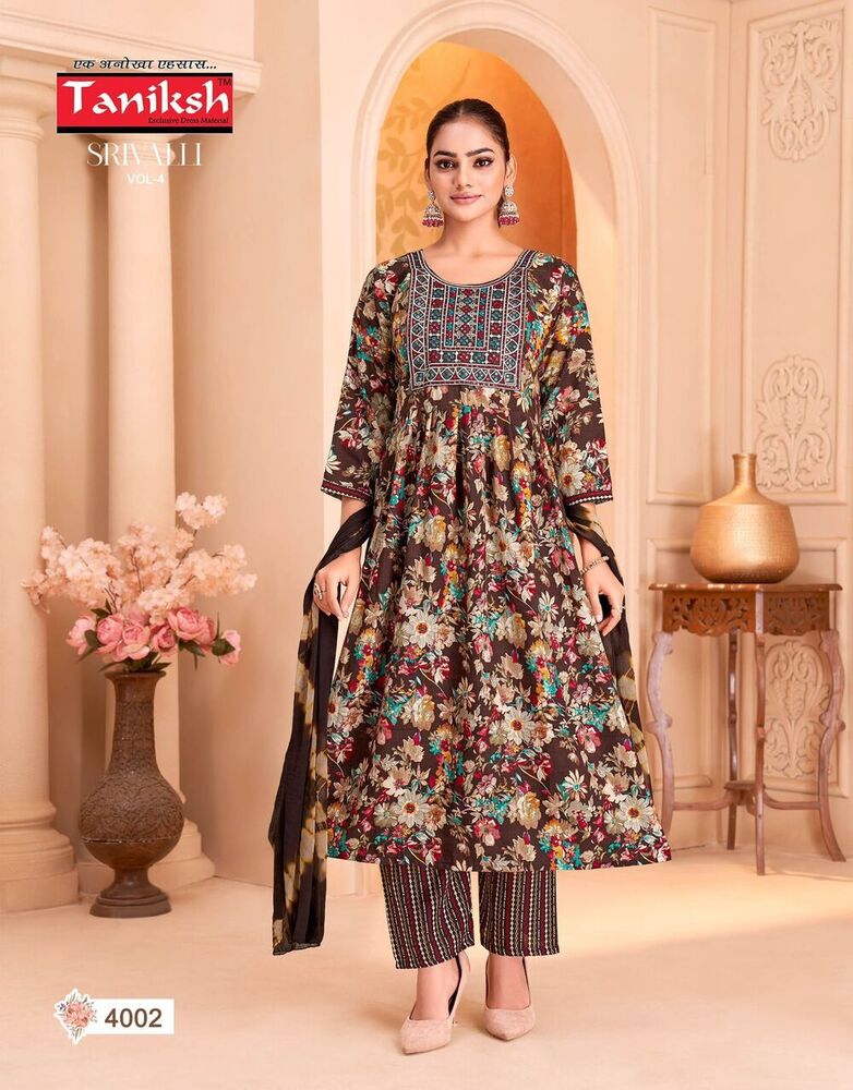 4002 Cotton Embroidery Work Suit Set - Color: Different Available