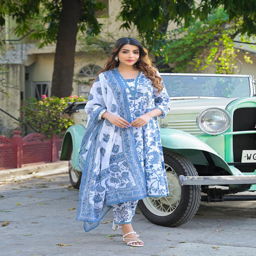 Divena Floral Printed Anarkali Pure Cotton Kurta with Trousers & Dupatta