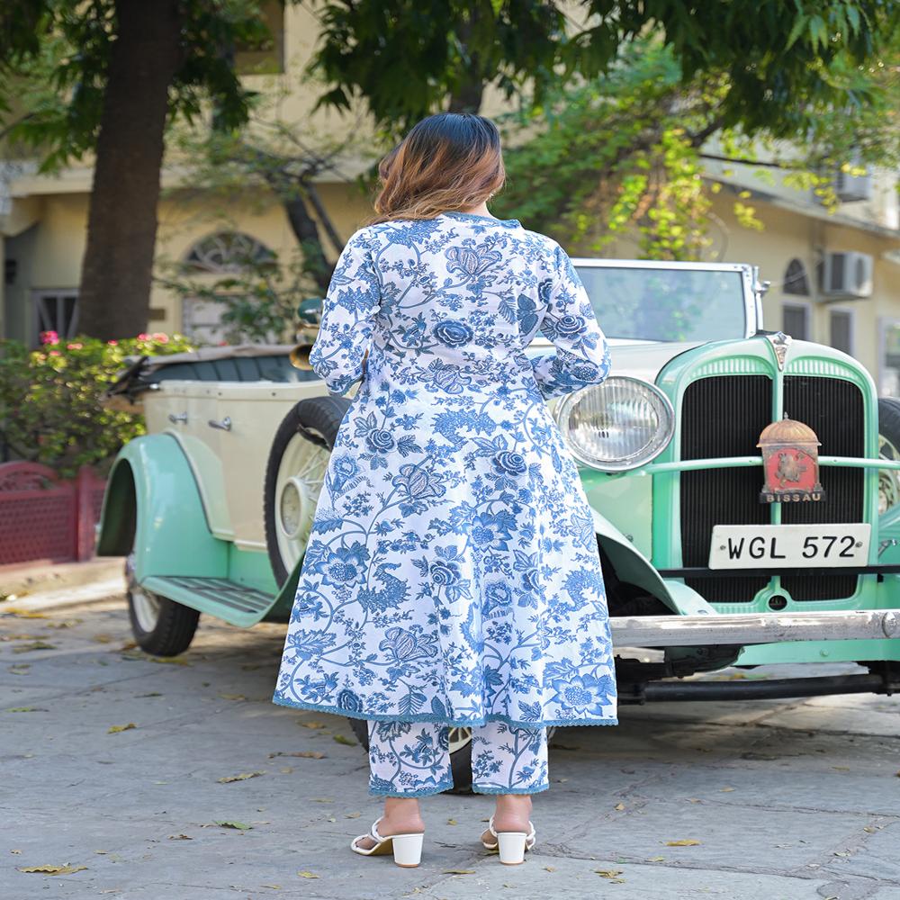 Divena Floral Printed Anarkali Pure Cotton Kurta with Trousers & Dupatta