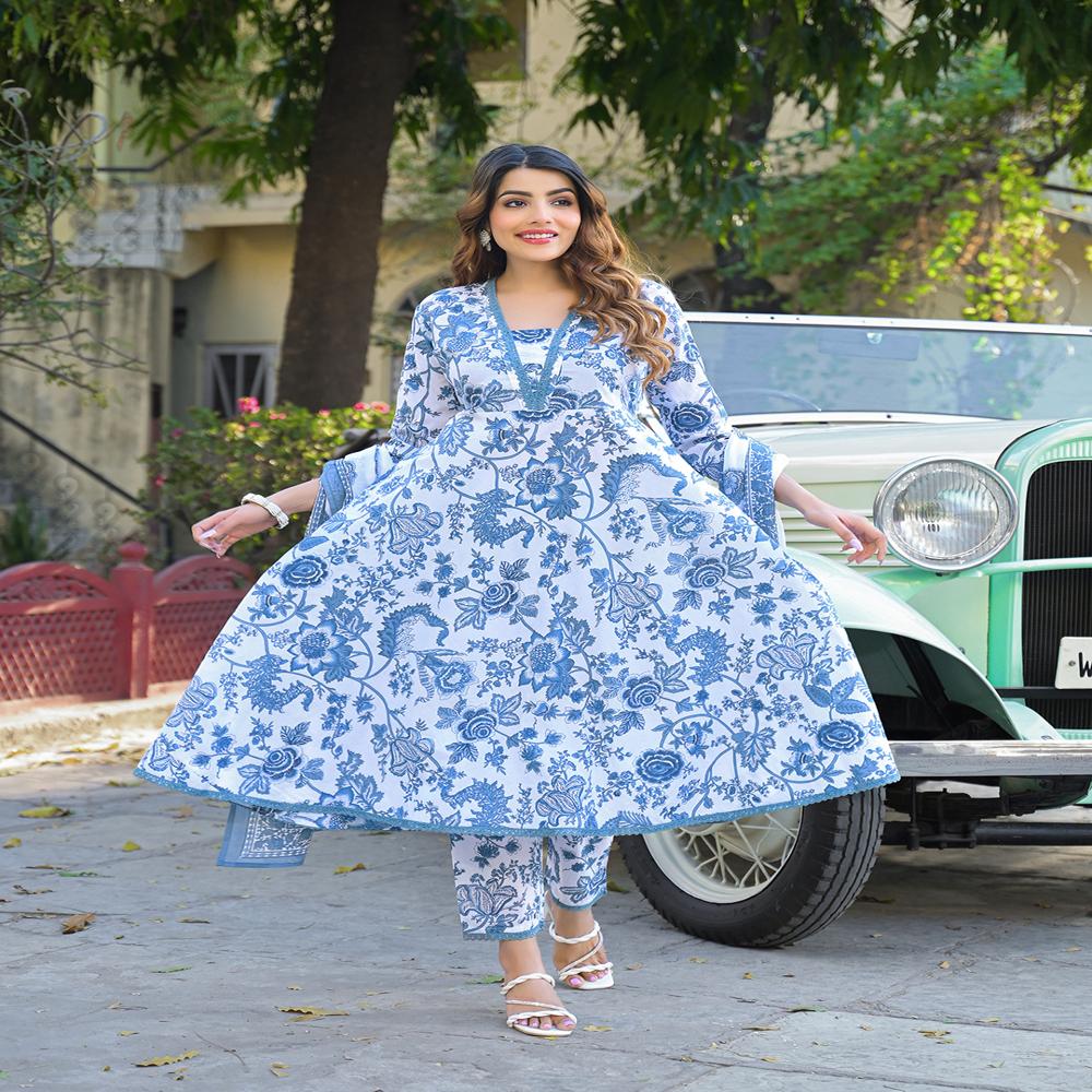 Divena Floral Printed Anarkali Pure Cotton Kurta with Trousers & Dupatta