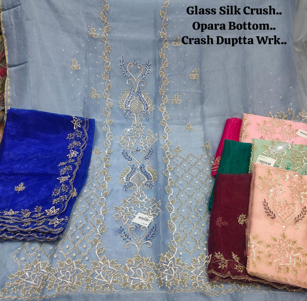 Glass Silk Crush Opara Bottom Crash Duptta Work Unstitched Suit - Color: Multicolor