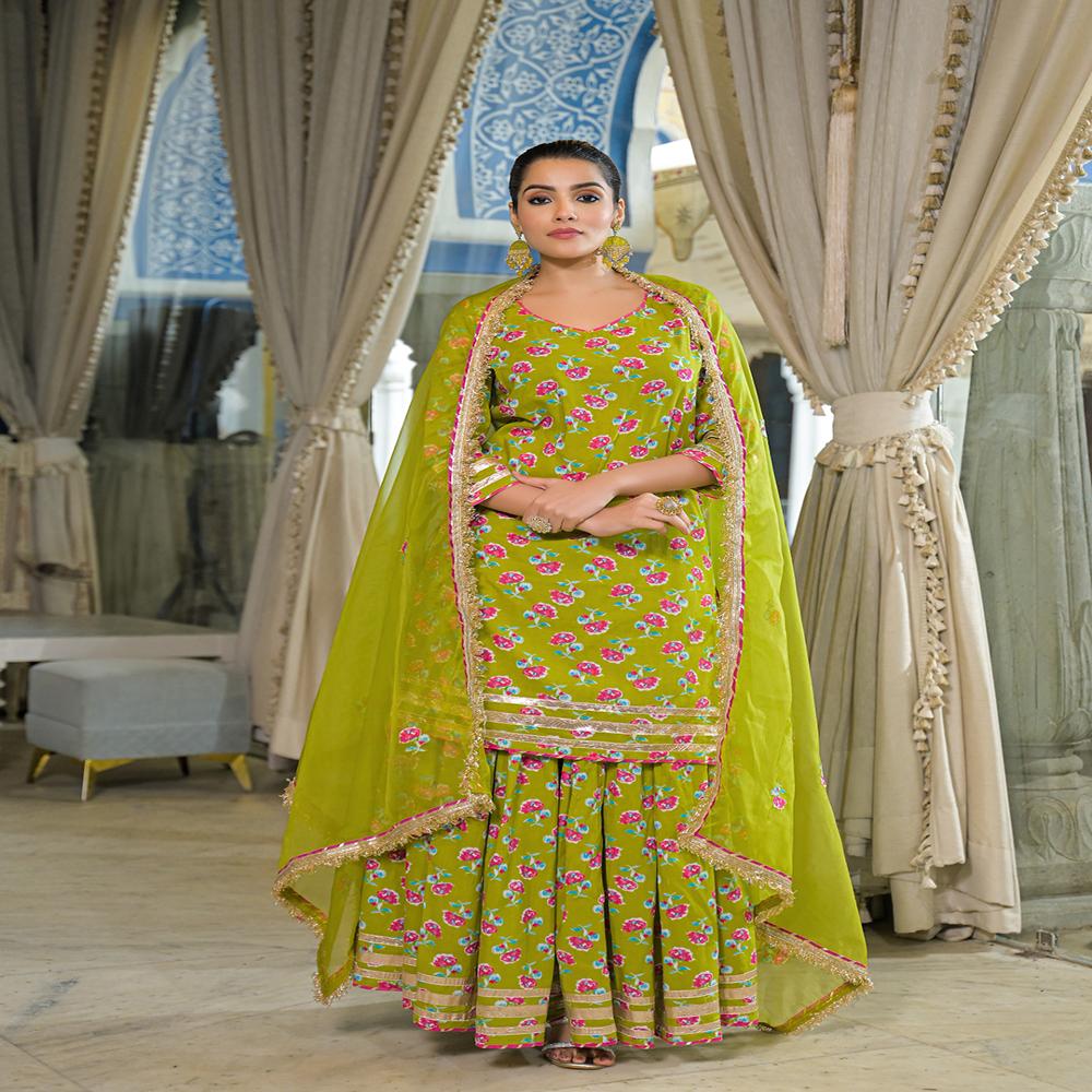 Divena Green Cotton Kurti Lehenga Sets With Dupatta