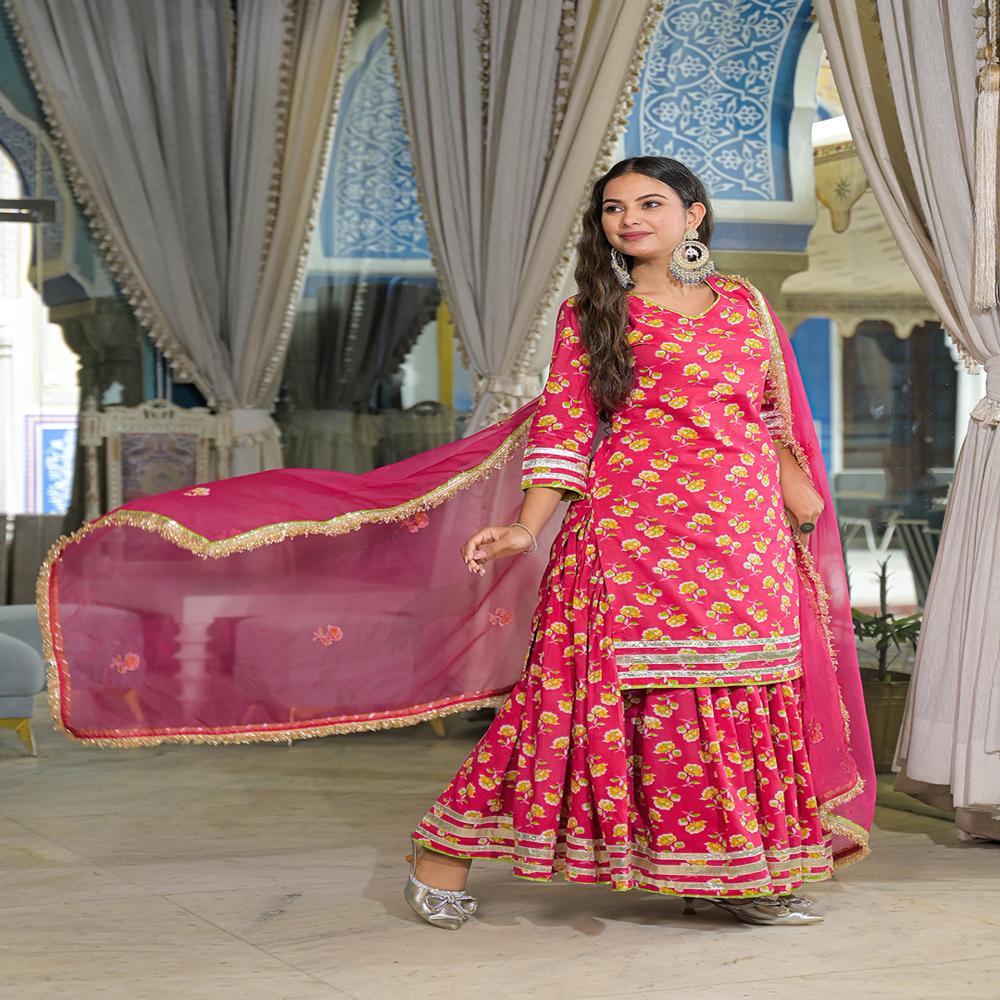 Divena Pink Cotton Kurti Lehenga Sets With Dupatta
