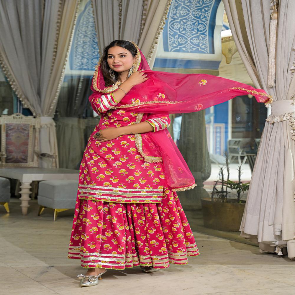 Divena Pink Cotton Kurti Lehenga Sets With Dupatta
