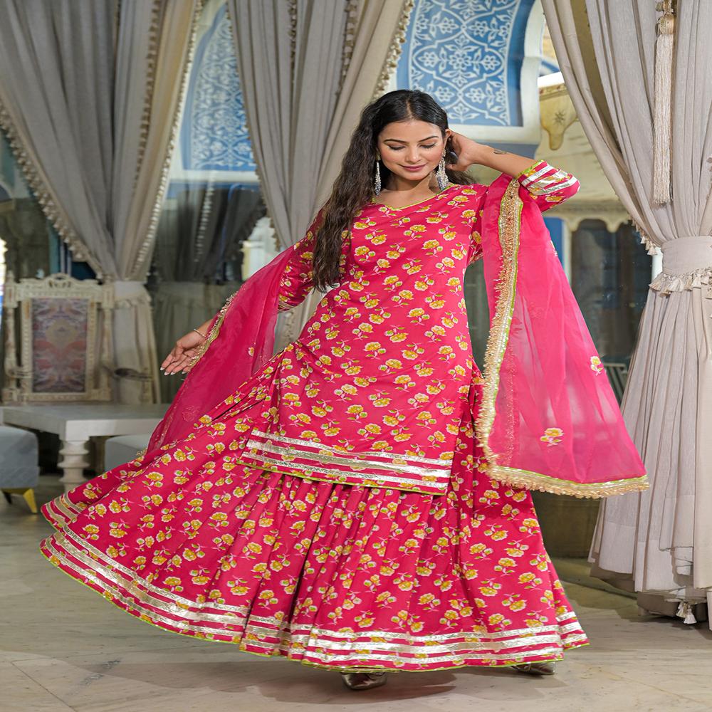 Divena Pink Cotton Kurti Lehenga Sets With Dupatta
