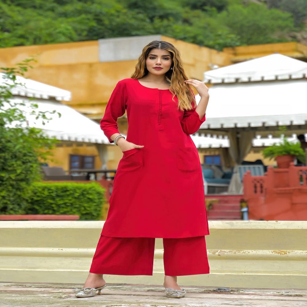 Divena Red Solid Cotton A-line Kurta Pant Sets