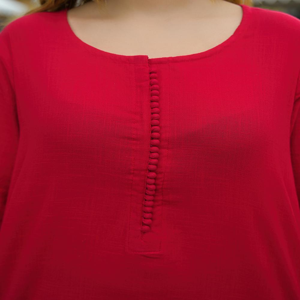 Divena Red Solid Cotton A-line Kurta Pant Sets