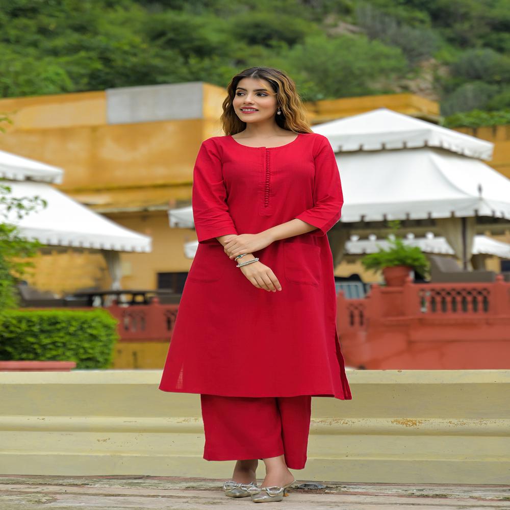 Divena Red Solid Cotton A-line Kurta Pant Sets