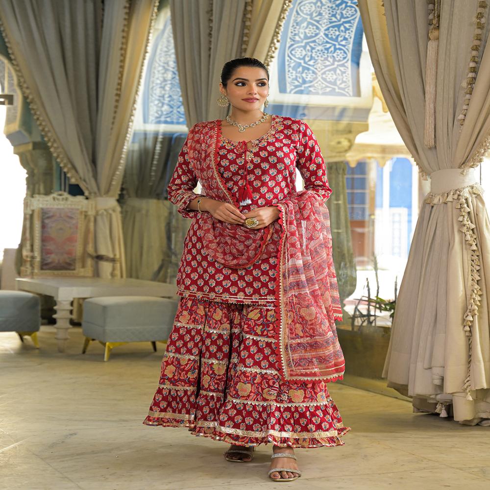Divena Red Handblock Cotton Straight Kurta Sharara With Dupatta