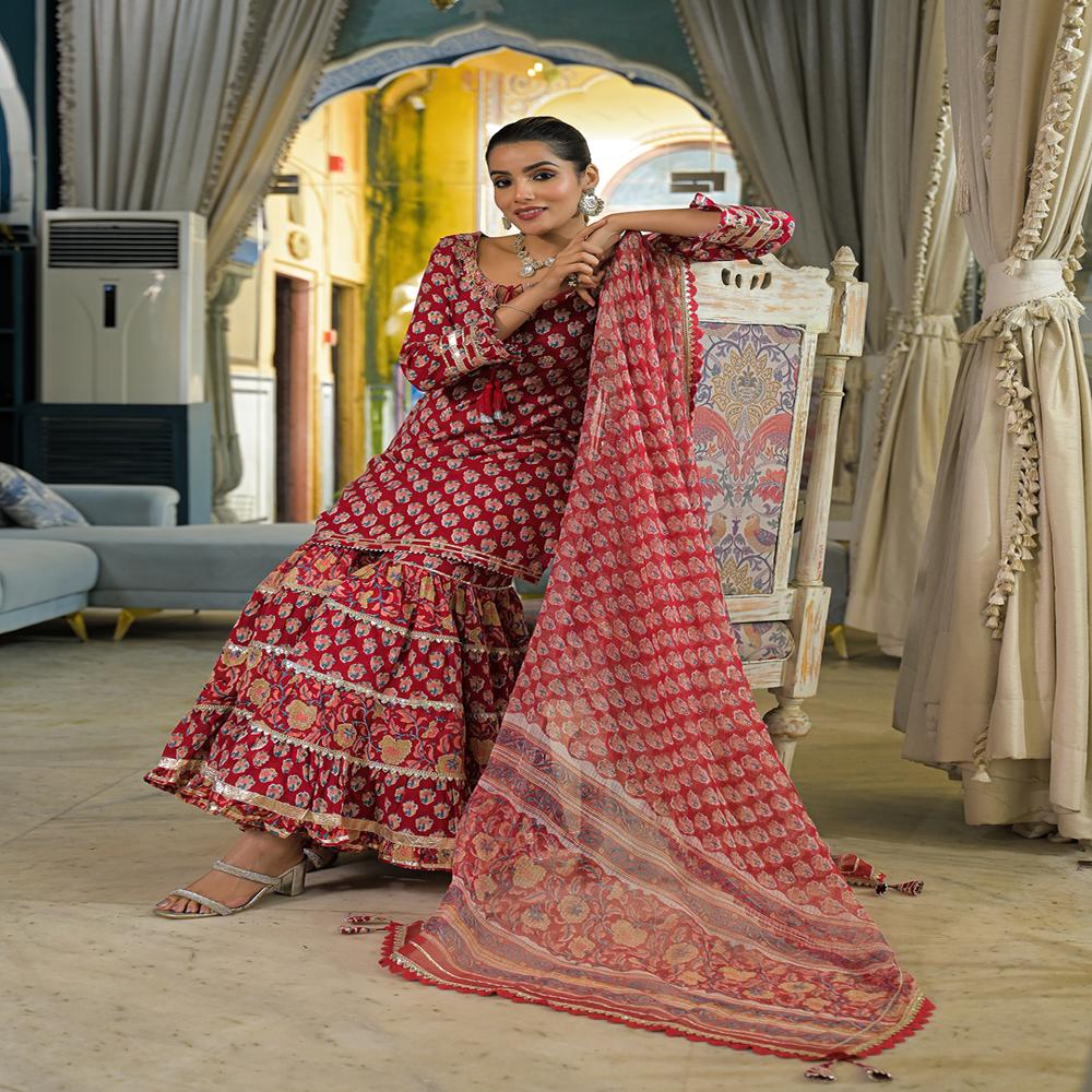 Divena Red Handblock Cotton Straight Kurta Sharara With Dupatta